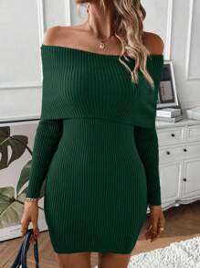 SHEIN ChicEase 女式露肩時尚毛衣裙 - 墨綠色 - 查看 3