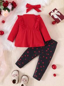 2入組寶貝女孩情人節裝,打蝴蝶結裝飾長袖t恤和帶褶邊的心形印花褲子 - 紅色 - 查看 2