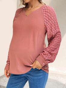 SHEIN Maternity Patchwork Lace Raglan Sleeve Blouse - Pink - View 7