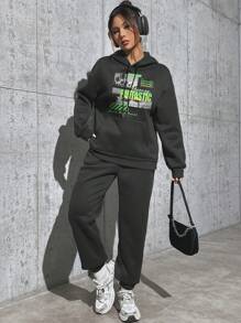 SHEIN EZwear Women'S Scenery Printed Hoodie And Sweatpants Set - Dark Grey - View 6