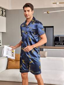 CoupledUp Animal Print Satin Men Loungewear Set - Navy Blue - View 6
