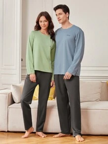 Casual Regular Sleeve Letter Print Round Neck Baby Blue Pajama Pant Set For Women With Pocket Details And Slight Stretch Fabric