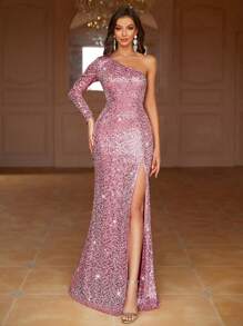 SHEIN Belle Women's One-Shoulder Long-Sleeved Evening Dress With High Slit (Heavy Industrial Style) - وردي - مشاهدة 1