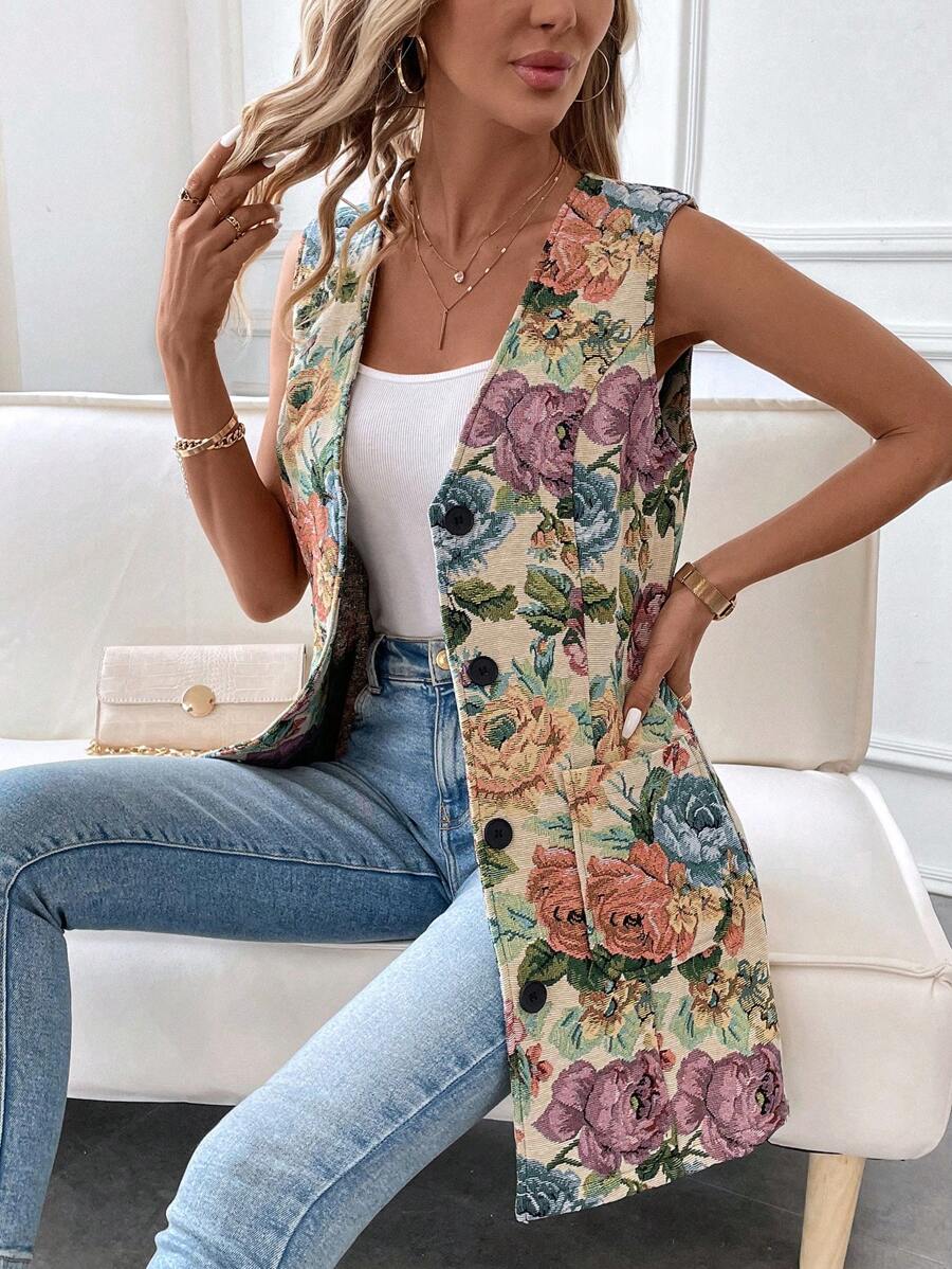 SHEIN Clasi Button Up Floral Brocade Vest Coat - Multicolor - View 1