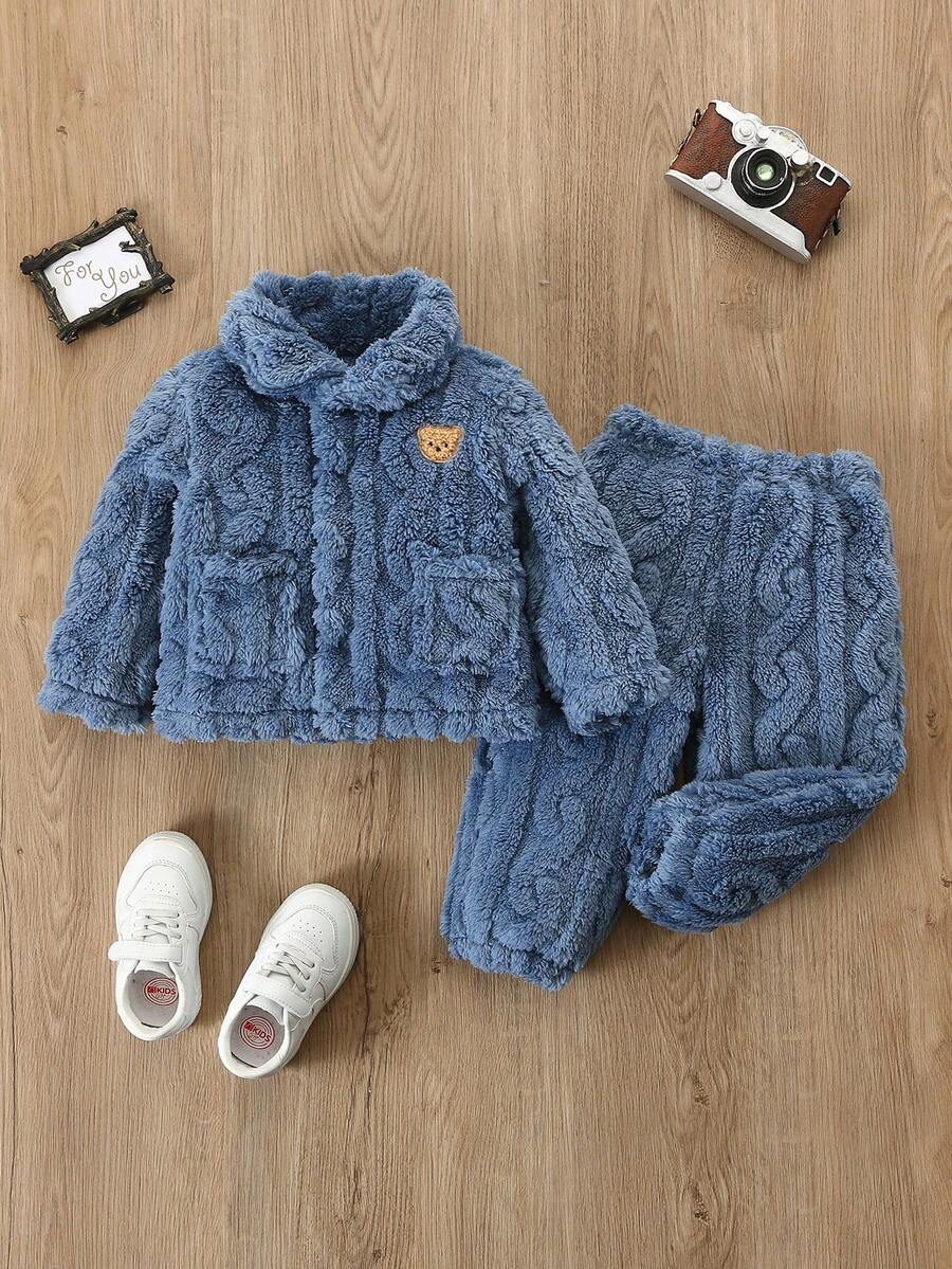 男嬰休閒可愛小熊提花毛絨開襟衫帶口袋長褲套裝 - 藍色 - 查看 1
