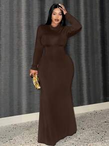 Slaydiva 大尺碼純色人魚修身連身洋裝 - 咖啡棕 - 查看 1