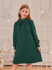 SHEIN 女孩蝴蝶結裝飾立領羈扣 A 字長袖連身裙 - 綠色 - 查看 6