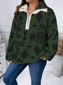 Calvaya 大尺寸女款毛絨衛衣,幾何圖案和拼色細節 - 綠色 - 查看 3