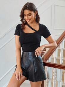 Anewsta Women's Short Sleeve Asymmetrical Collar Knit Top - Black - View 3