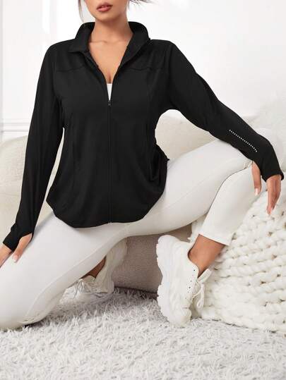 Easithlete Plus Storlek Reflekterande Polka Prickigt Tryck Lång Ärm Dragkedja Jackor Med Hål för tummen