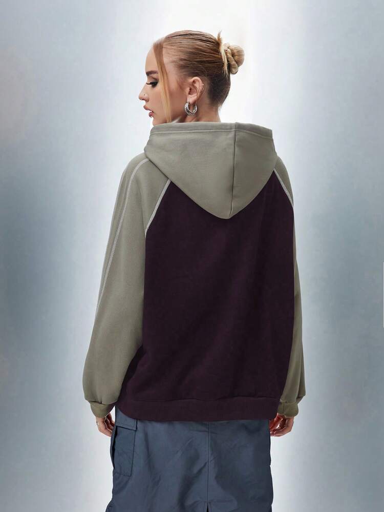Women Casual Color-Block Raglan Sleeve Hoodie With Thermal Lined Pullover Fall Sweatshirt