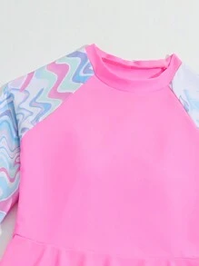 SHEIN Tween Girls' Marble Print Raglan Long Sleeve Top, Long Pants, Briefs Tankini Swimwear Set - Pink - View 3