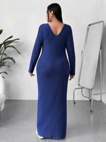 SHEIN EZwear Plus Size Women's Long Sleeve Ribbed Dress - Royal Blue - View 2