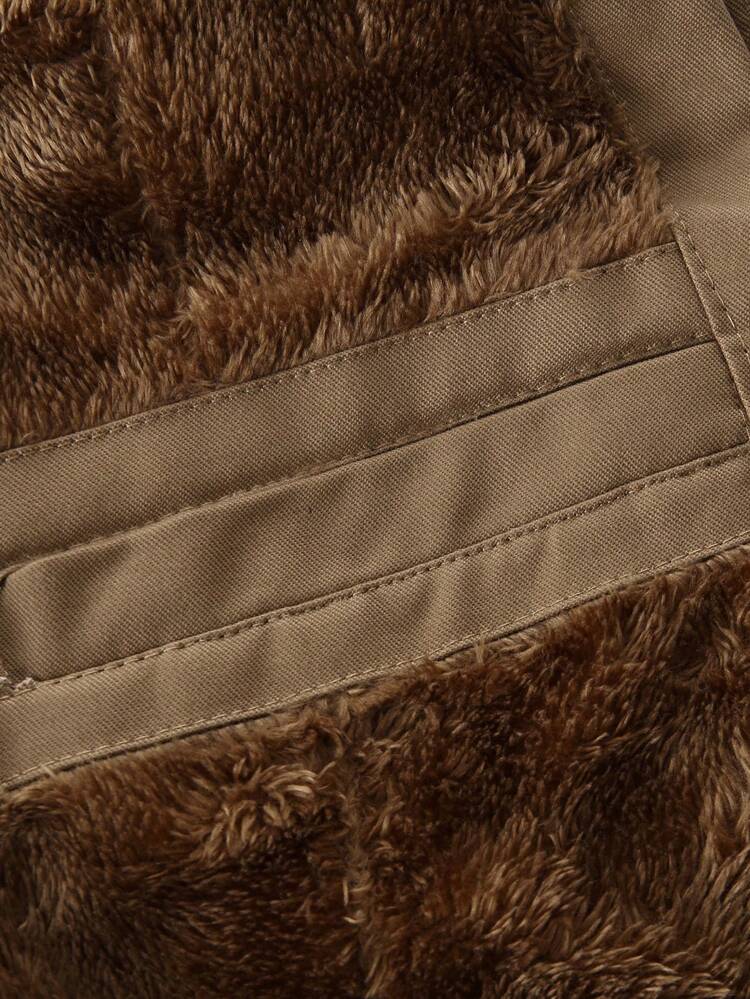 Men Long Sleeve Removable Hat Flap Pocket Drawstring Hooded Thermal Lined Padded Coat, Men Long Sleeve Jacket Camel, For Fall Winter