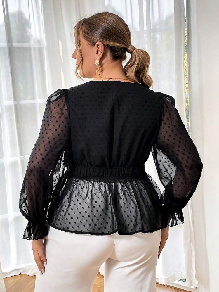 Plus Size Women'S Polka Dot Mesh Blouse