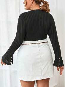 SHEIN Privé 大尺碼女條紋喇叭袖 T 卹 - 黑色 - 查看 2