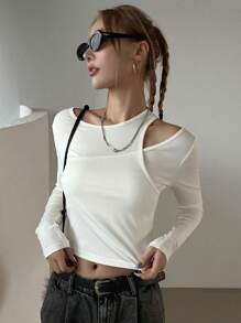 DAZY Women's Solid Color Asymmetric Neck Cropped T-Shirt Long Sleeve Women Tops
