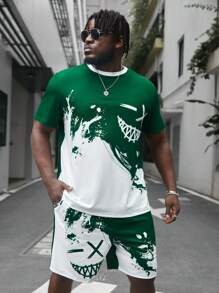 Manfinity VCAY 男士大尺碼笑臉印花短袖 T 恤和短褲套裝