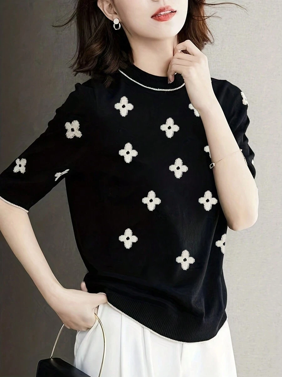 New Arrival Floral Round Neck Loose Short Sleeve Knit Top - Black - View 1