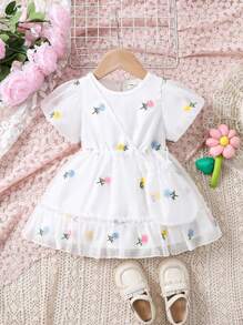 嬰幼女童刺繡花卉網布外套洋裝,配有相搭配提包 - 彩色 - 查看 1