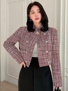 Dazy Designer 女士雙排扣格紋外套 - 紅色 - 查看 7