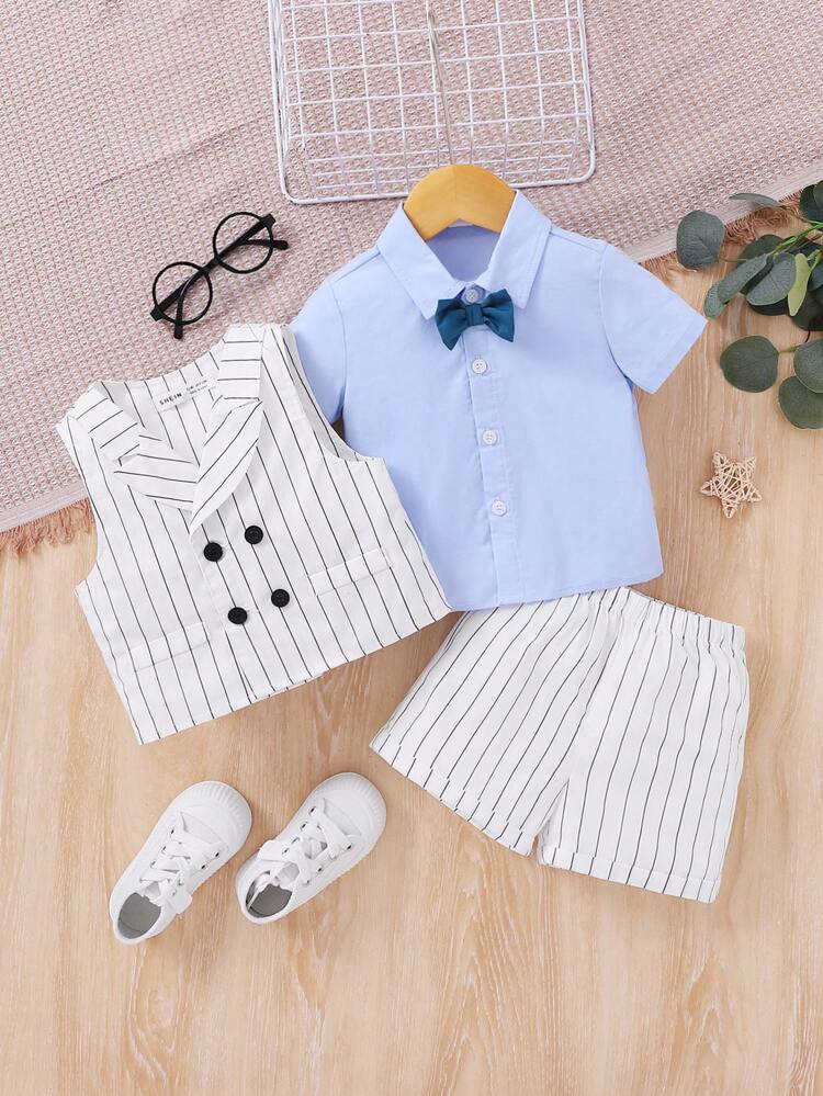 3pcs Baby Boys' Gentlemen Style Striped Vest + Shorts + Solid Color Bowtie Short Sleeve Shirt Set