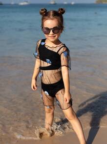 SHEIN 3 pièces Maillot de bain décontracté rayé à large fosse séparée pour jeune fille et charmant cache-maillot de papillon en maille
