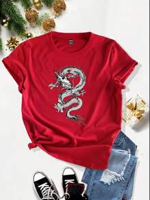 SHEIN Essnce 女裝龍紋短袖t恤 - 紅色 - 查看 1