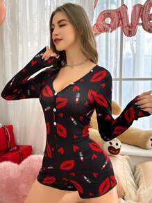 Lip Print Button-Up Pajama Romper, Fall, Winter - Black - View 5