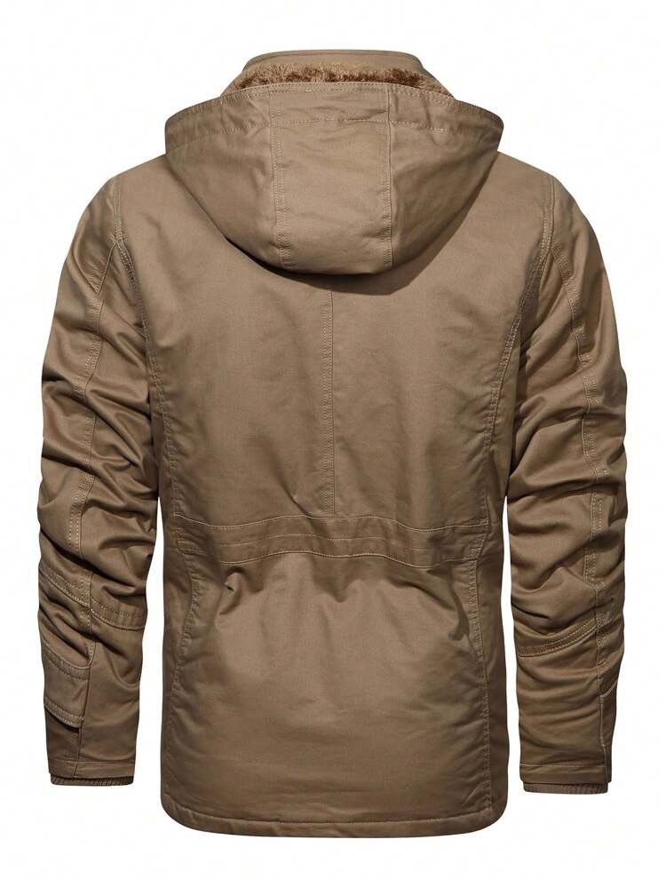 Men Long Sleeve Removable Hat Flap Pocket Drawstring Hooded Thermal Lined Padded Coat, Men Long Sleeve Jacket Camel, For Fall Winter