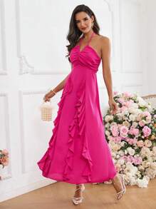 SHEIN Privé 女士情人节浪漫约会聚会玫瑰红色露背荷叶边连衣裙 - 玫紅色 - 查看 4