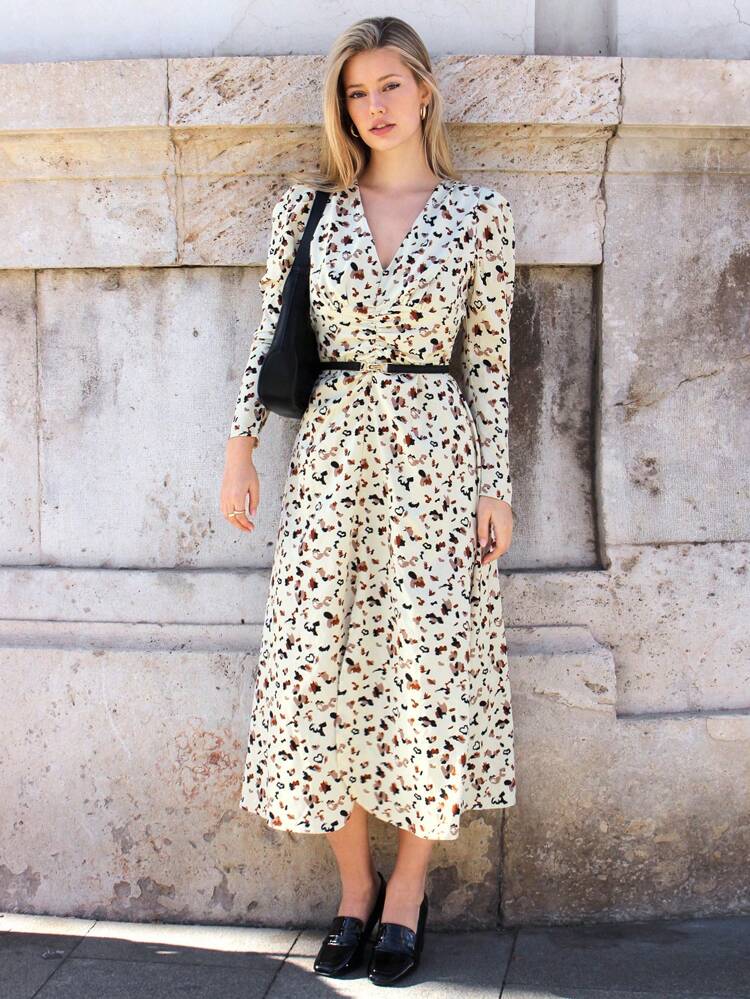 Women'S Printed Pleated Long Sleeve Dress Winter Vacation Flower Beach