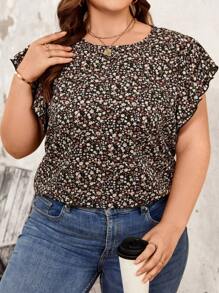 SHEIN LUNE Plus Size Women's Floral Print Ruffle Hem Blouse For Summer - Black - View 4