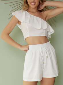 SHEIN 單肩荷葉邊上衣和打結褶皺腰短褲 - 白色 - 查看 5
