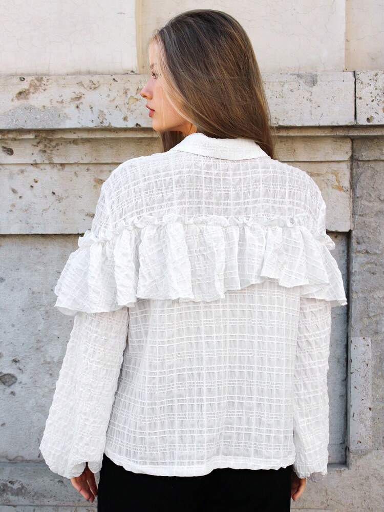 Tie Neck Ruffle Lantern Sleeve Blouse Winter White Casual