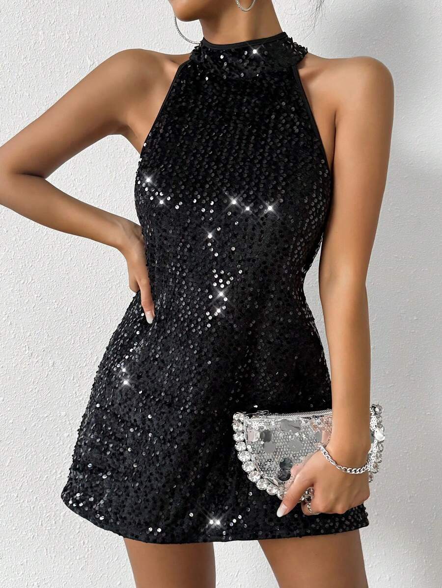 Allurite Women's Beaded Halter Neck Dress - Black - View 1
