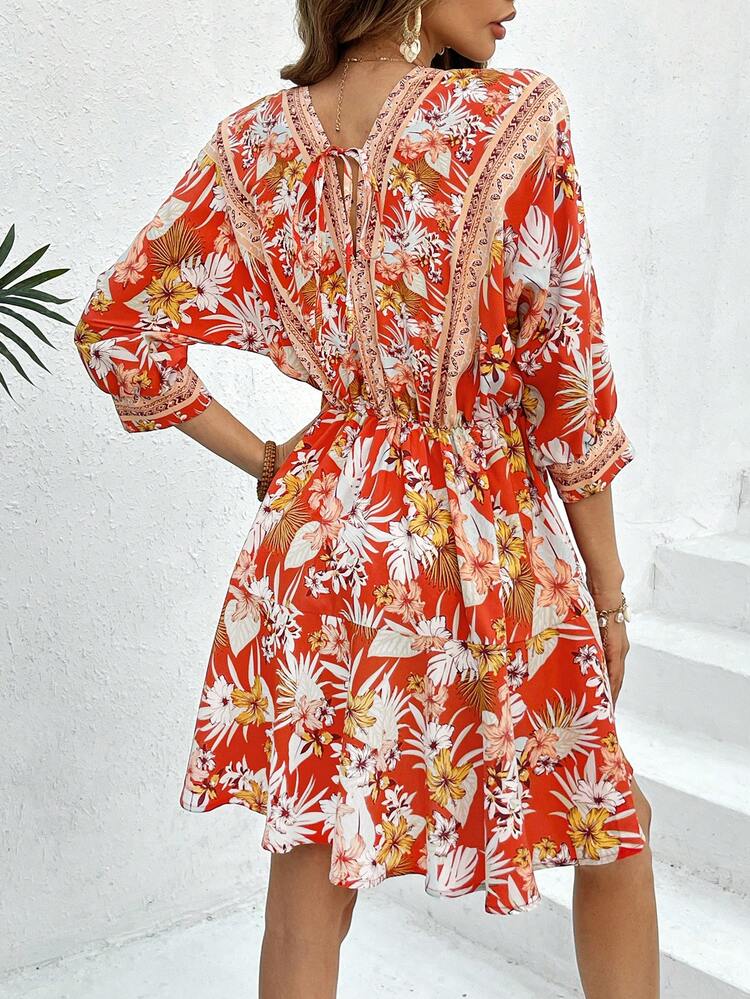 Women'S Floral Print Cinching Waist Batwing Sleeve Dress