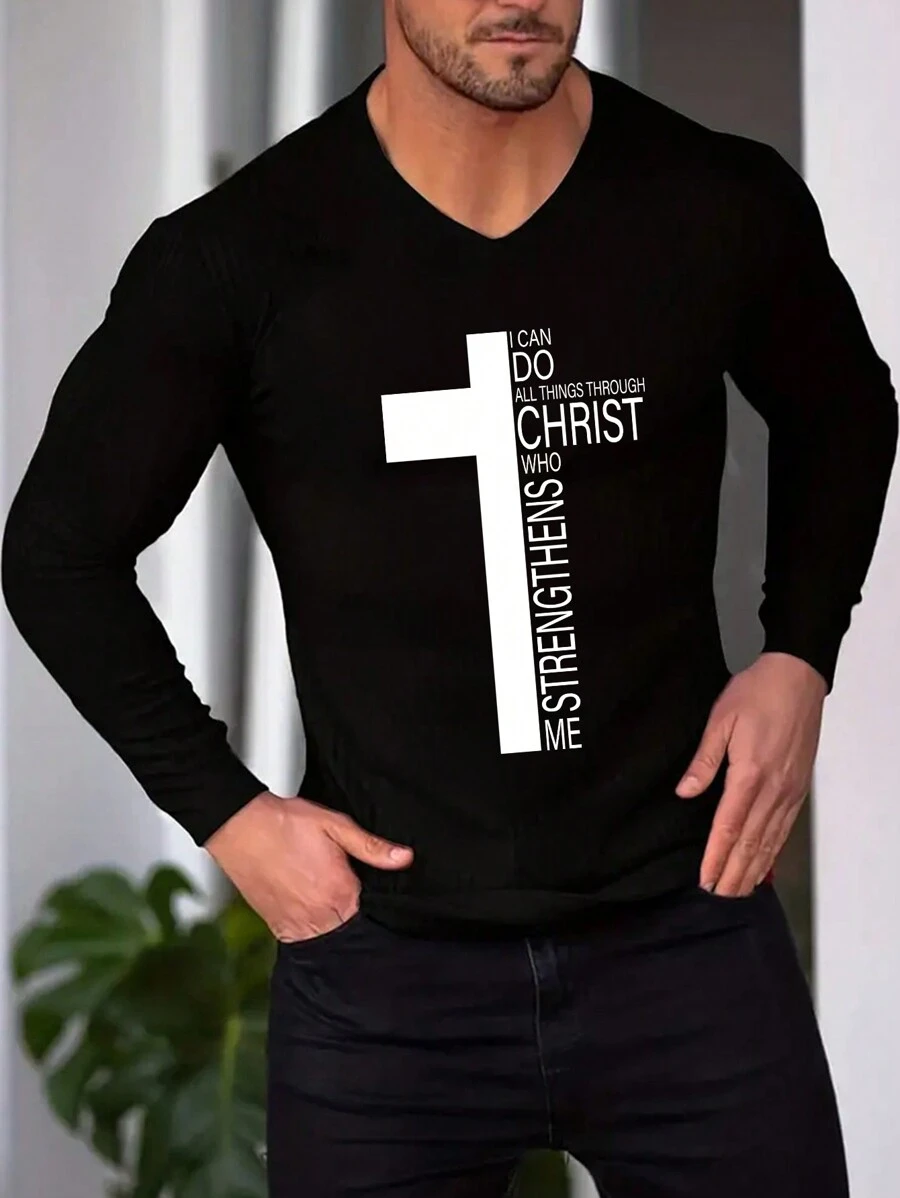 男士v領十字印花長袖t卹 - 黑色 - 查看 1