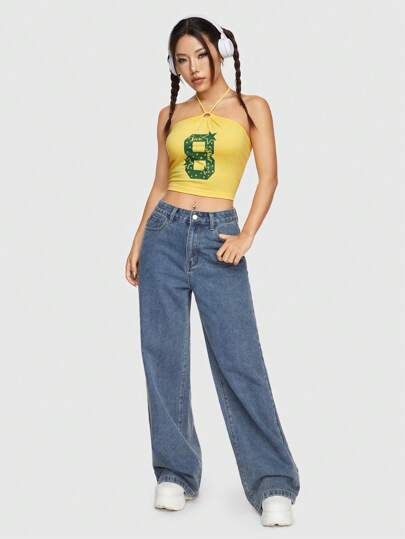 ROMWE Avant Haut Dos Nu Imprimé Numéro 8 Et Pentagramme Avec Lien En Corde