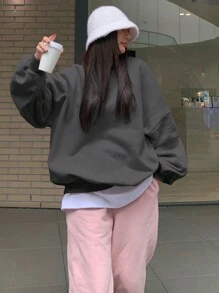 DAZY 秋冬女士宽松圆领纯色保暖内衬运动衫 - 深灰色 - 查看 5