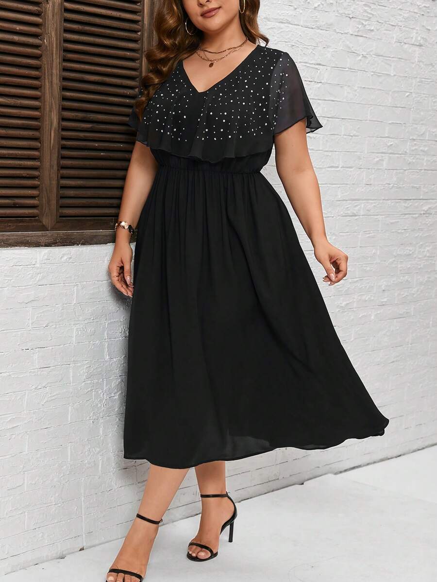 SHEIN Clasi Plus Size Rhinestone Decorated Dress - Black - View 1