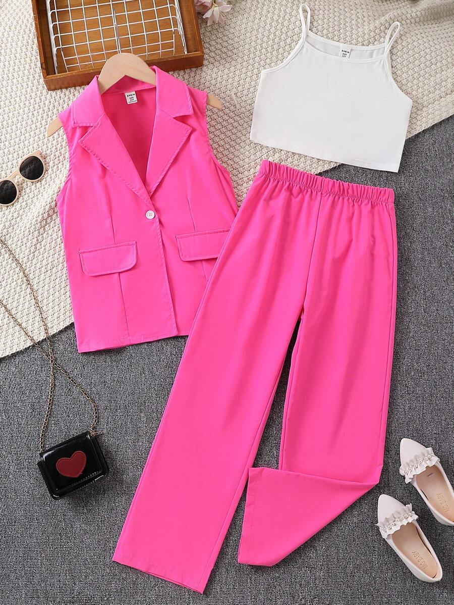 Cô gái Tween Nhọn Vòng cổ Không tay Áo vest , Áo ba lỗ Áo Và Dài Quần Bộ - Màu Hồng Tươi - Xem 1