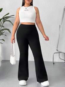 SHEIN EZwear 大尺碼純色喇叭褲夏季套裝 - 黑色 - 查看 4