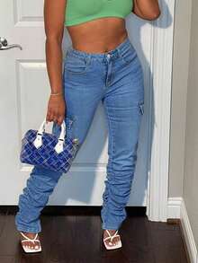 Flap Pocket Side Stacked Jeans - Medium Wash - View 3