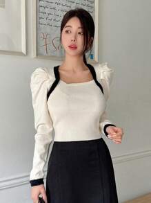 Dazy Designer 女士拼色泡泡袖毛衣、荷叶边、秋装 - 米色 - 查看 7