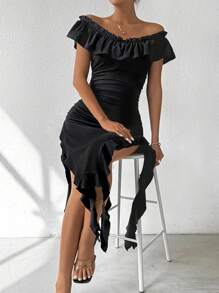 Zolique Women'S Ruffle Hem Pleated Split Dress - Black - View 3