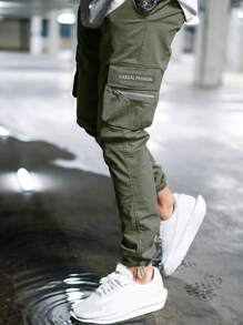 Manfinity Homme Loose Fit Men's Letter Detail Patched Cargo Pants With Flap Pockets, For Fall - Army Green - View 5