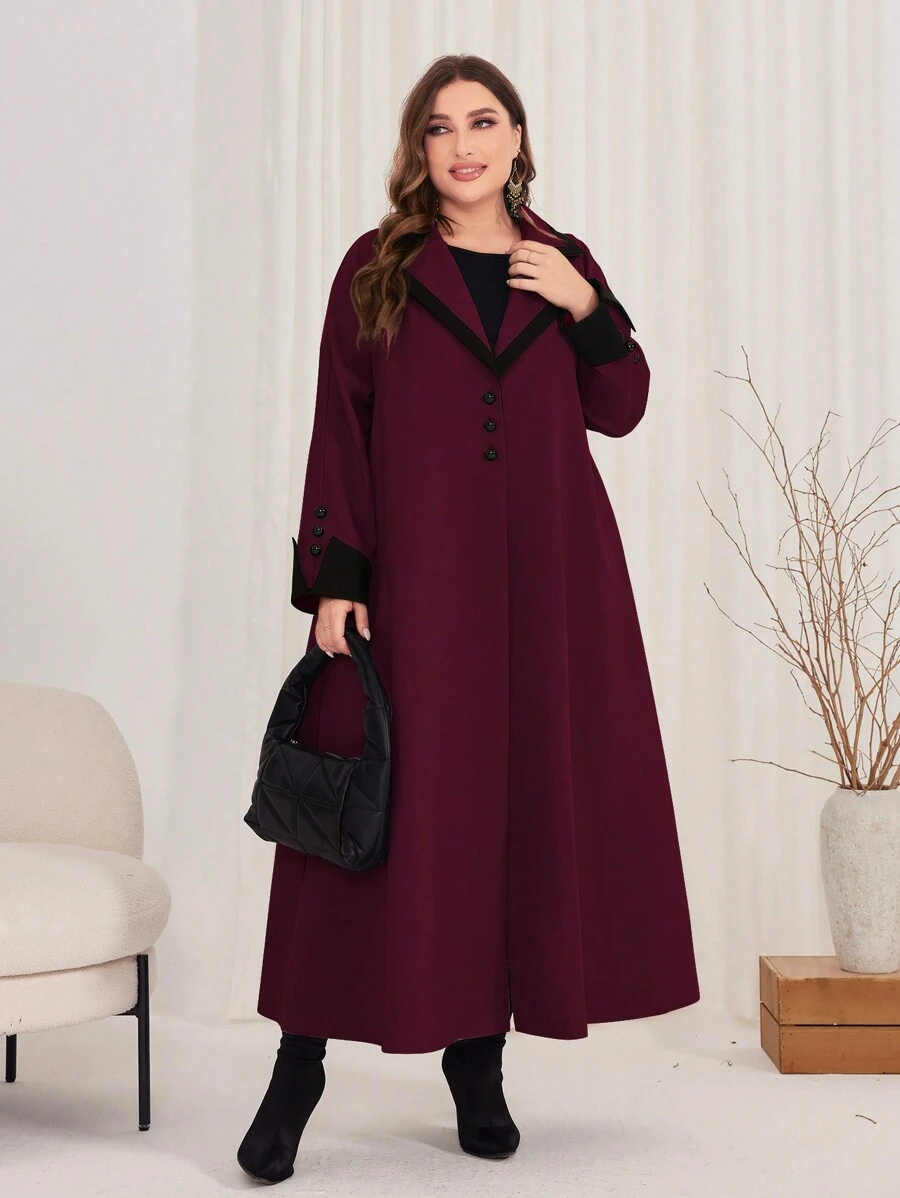 SHEIN Najma CURVE 勃艮第红色加大码女式翻领长袖夹克带包边 - 酒紅色 - 查看 1