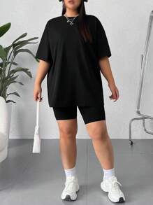 SHEIN EZwear Plus Size Round Neck Short Sleeve Casual T-shirt - Black - View 3