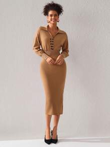 GOUGHS GRACES 设计师女士领口双纽扣前针织优雅毛衣裙，适合度假 - 卡其色 - 查看 1